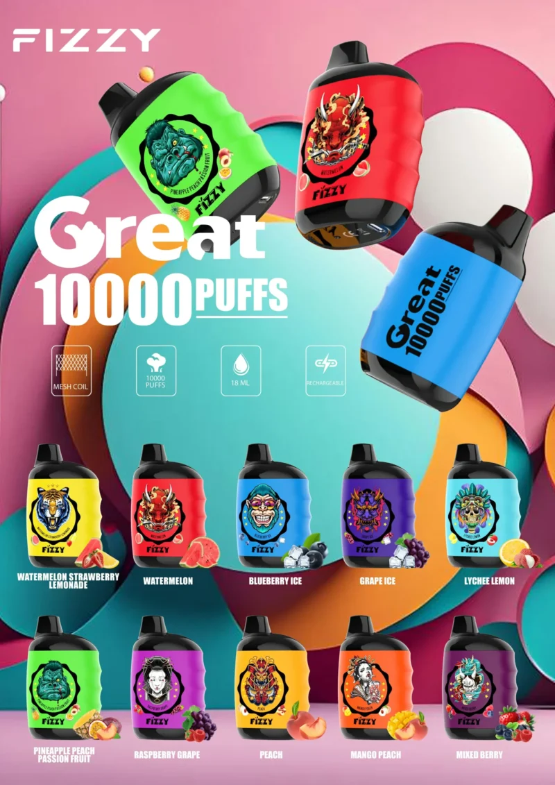 Großhandel Fizzy Great 10000 Puffs Low Nicotine Disposable Vape Pen wiederaufladbar mit 10 Aromen Bulk Buy 2