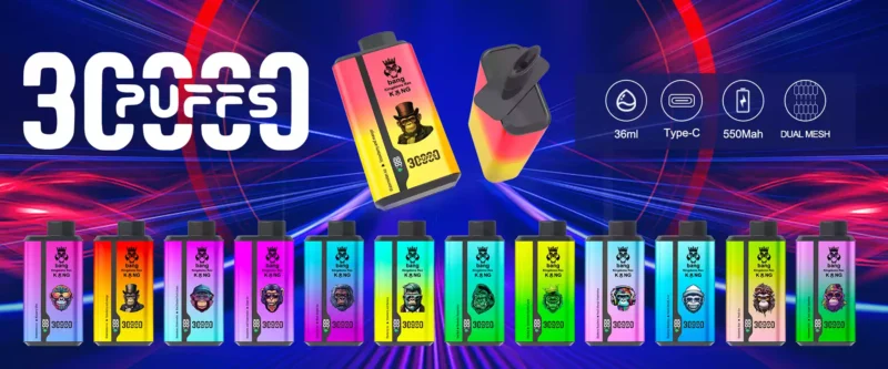 Bang King 30000 30k Puffs Fábrica Direta Duplo Sabor Vape Descartável 0% 2% 3% 5% Nicotina 12 Sabores LED Display 3