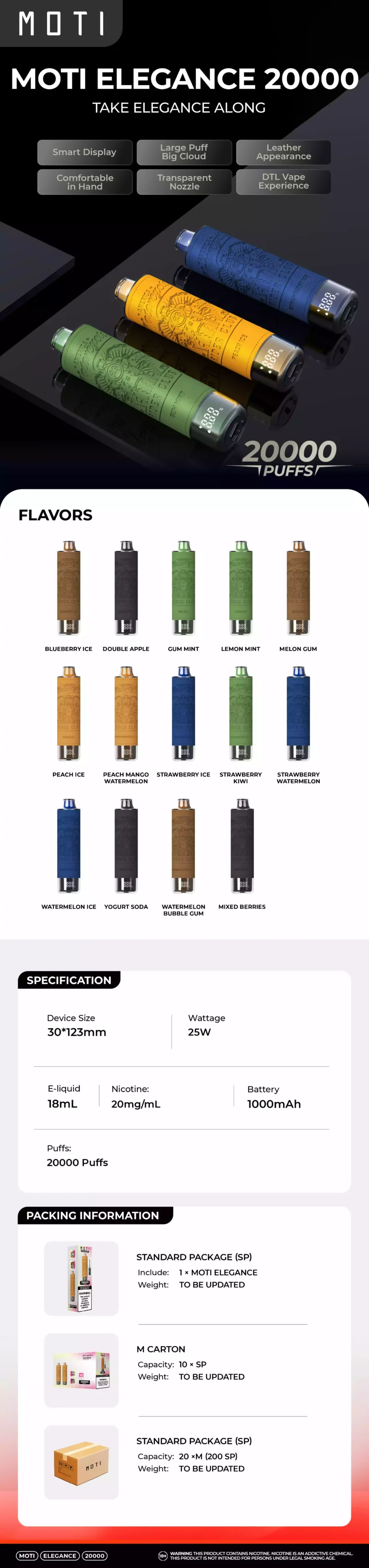 Premium-Quelle Fabrik MOTI Elegance 20000 Puffs Einweg-Vape Lang anhaltende 2 Prozent 5 Prozent Nikotin glatten Geschmack leistungsstarke 1000mAh Akku Bulk Supply 3