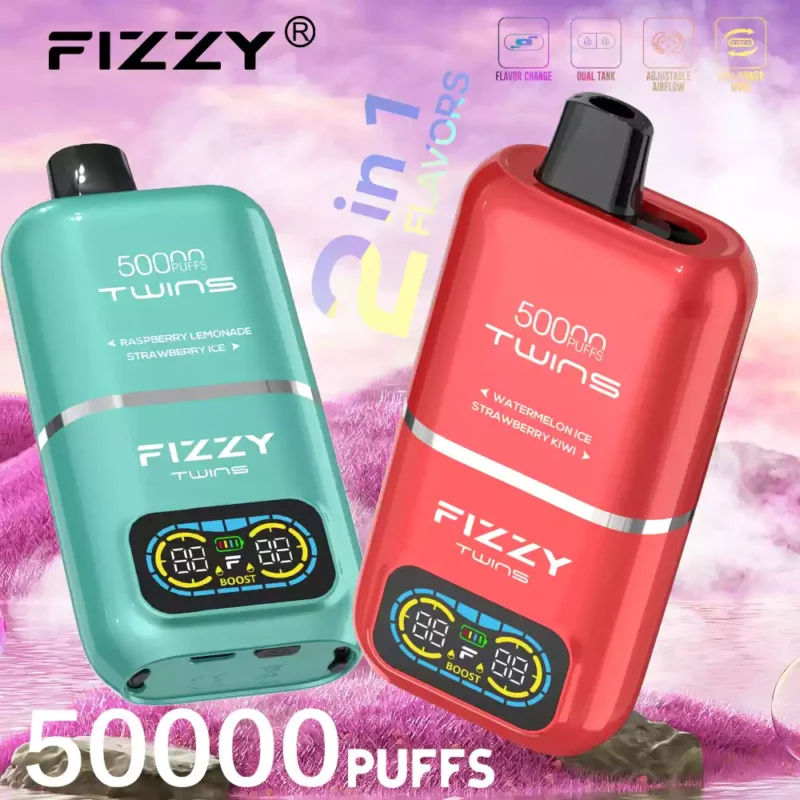 Fizzy Twins 50k Puffs revelam a derradeira experiência de vaporização com 12 sabores 50ML E liquid Mesh Coil e bateria 850mAh 1