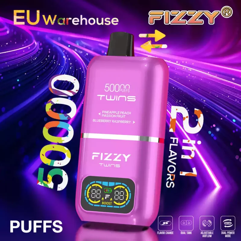 Fizzy Twins 50k Puffs revelam a derradeira experiência de vaporização com 12 sabores, 50ML E liquid Mesh Coil e bateria de 850mAh 105
