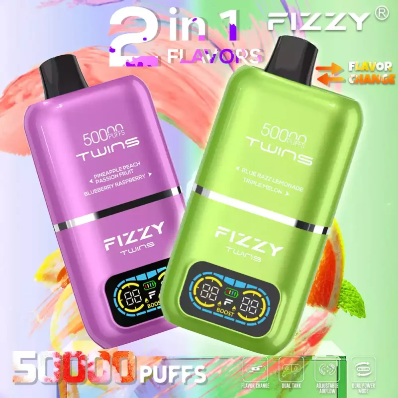 Fizzy Twins 50k Puffs revelam a derradeira experiência de vaporização com 12 sabores, 50ML E liquid Mesh Coil e bateria de 850mAh 65