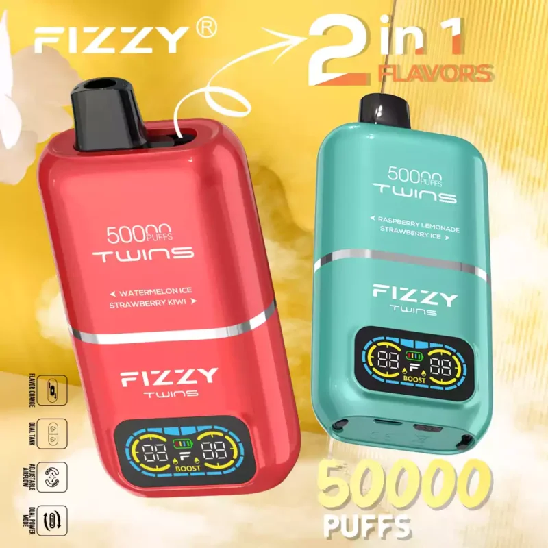 Fizzy Twins 50k Puffs revelam a derradeira experiência de vaporização com 12 sabores, 50ML E liquid Mesh Coil e bateria de 850mAh 74