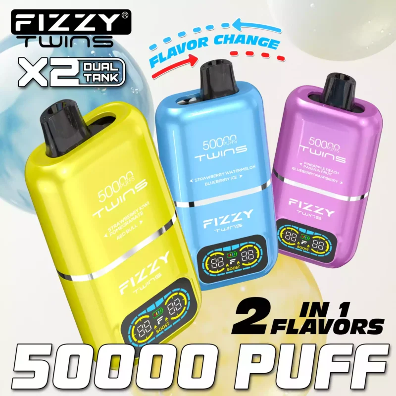 Fizzy Twins 50k Puffs revelam a derradeira experiência de vaporização com 12 sabores, 50ML E liquid Mesh Coil e bateria de 850mAh 76