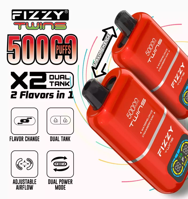 Fizzy Twins 50k Puffs revelam a derradeira experiência de vaporização com 12 sabores, 50ML E liquid Mesh Coil e bateria de 850mAh