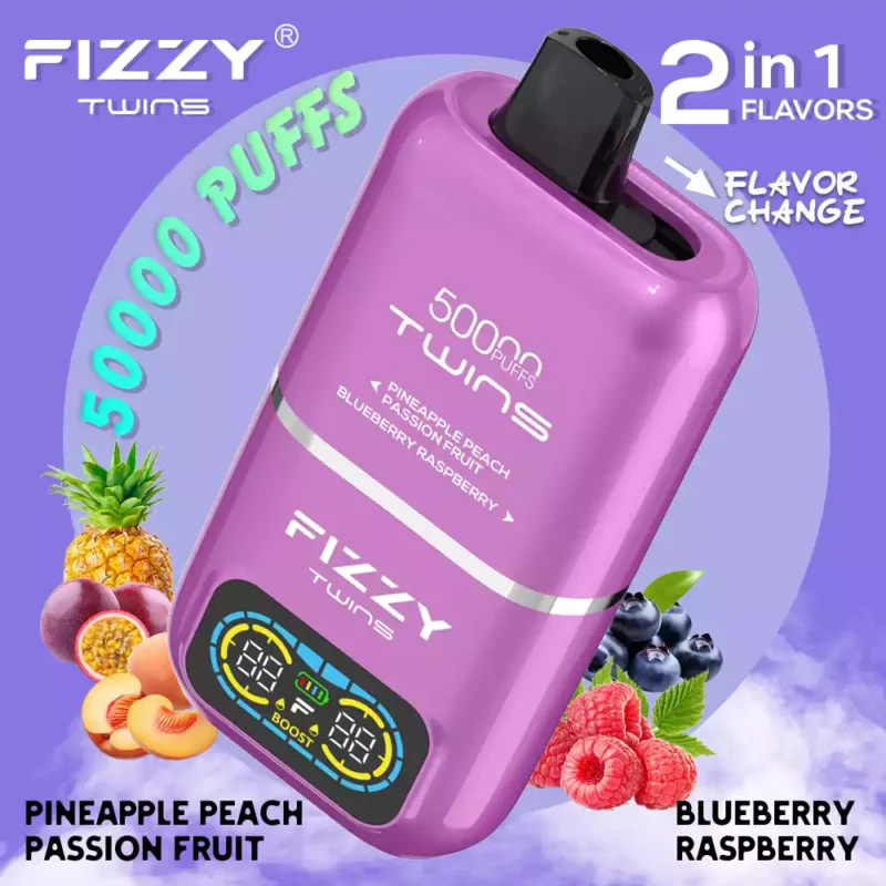 Fizzy Twins 50k Puffs revelam a derradeira experiência de vaporização com 12 sabores, 50ML E liquid Mesh Coil e bateria de 850mAh 88
