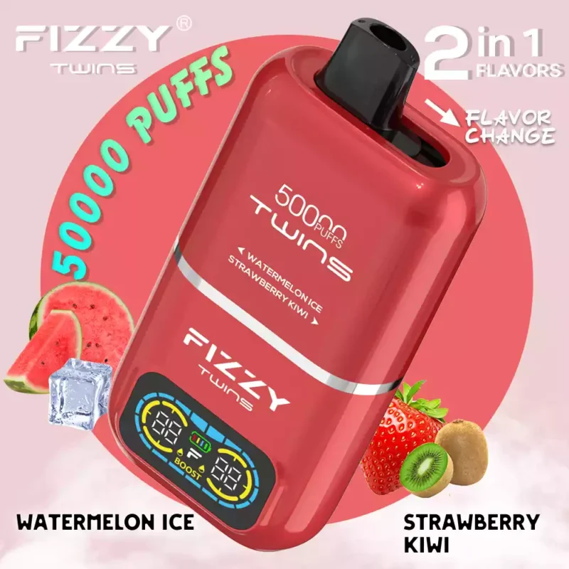 Fizzy Twins 50k Puffs revelam a derradeira experiência de vaporização com 12 sabores, 50ML E liquid Mesh Coil e bateria de 850mAh 92