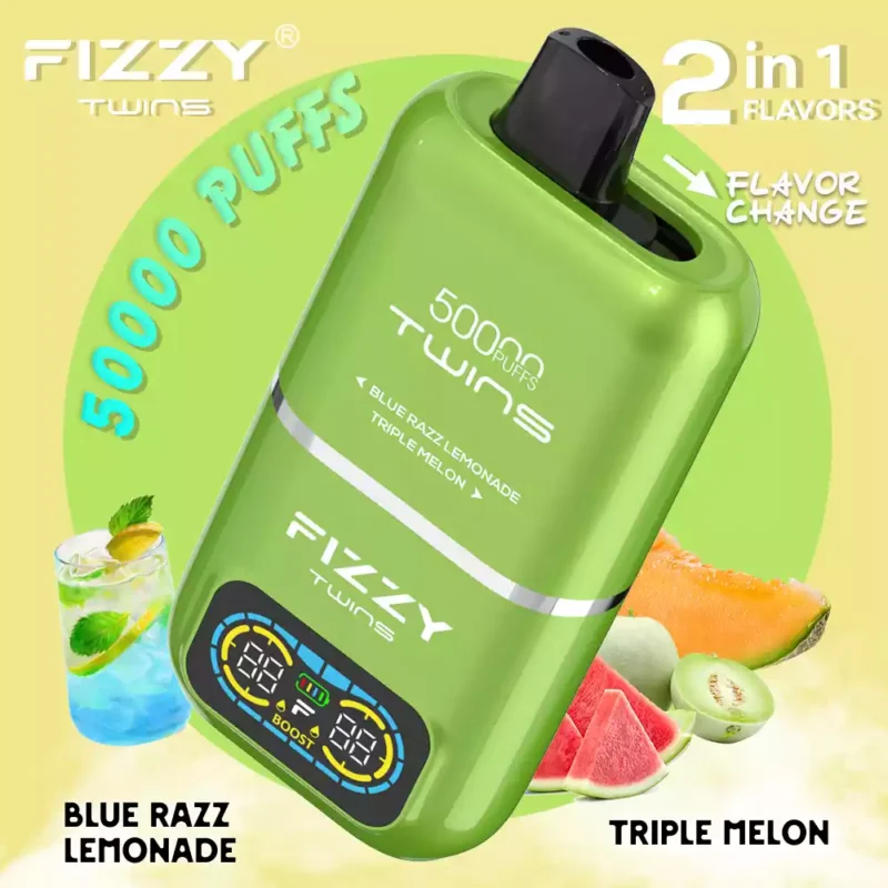 Fizzy Twins 50k Puffs revelam a derradeira experiência de vaporização com 12 sabores, 50ML E liquid Mesh Coil e bateria de 850mAh 98